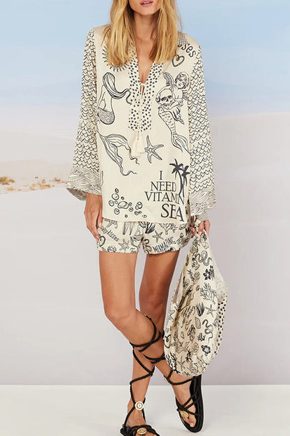 Casual Graffiti Print Tassel Contrast V Neck Long Sleeve Two Pieces