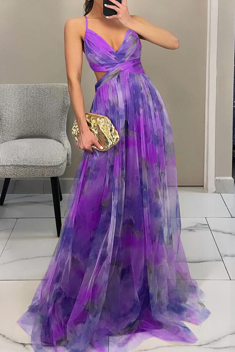 Vestidos largos sexis con escote en V, espalda descubierta y estampado degradado