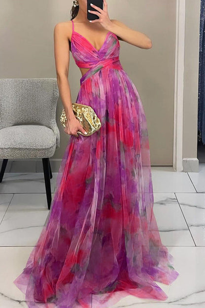 Vestidos largos sexis con escote en V, espalda descubierta y estampado degradado