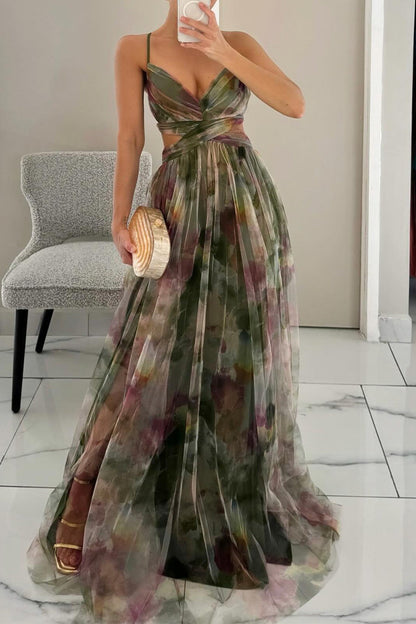 Vestidos largos sexis con escote en V, espalda descubierta y estampado degradado