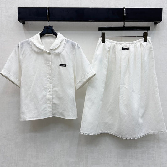 Miu SS26 Set Scalloped-Collar Shirt A-line Skirt White Cotton Linen 351916