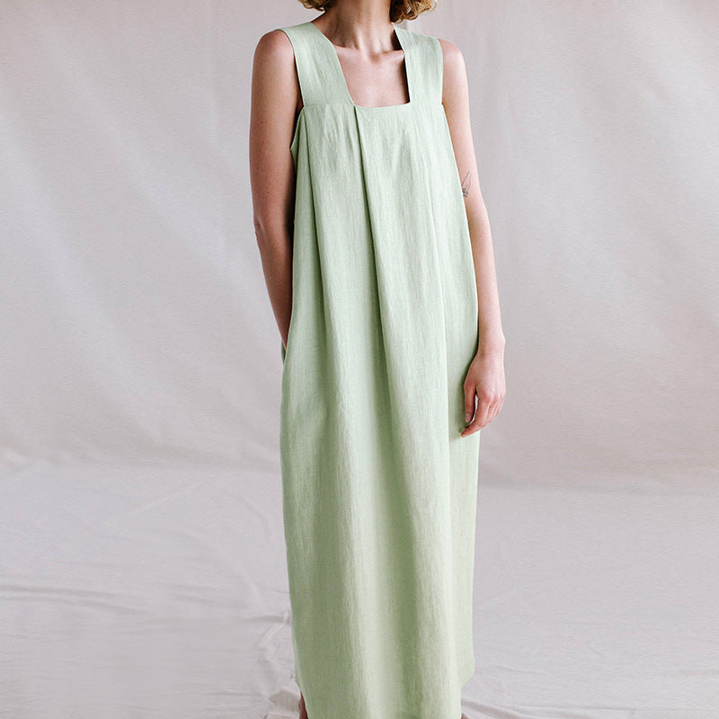 Vestido largo sin mangas de ramio, primavera-verano, diseño francés, holgado, de lino y algodón, con cuello cuadrado, camisola