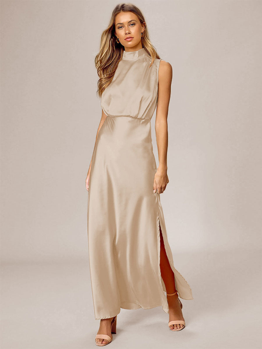 Maxi Dress High Collar Sleeveless Casual Low-slit Long Dress