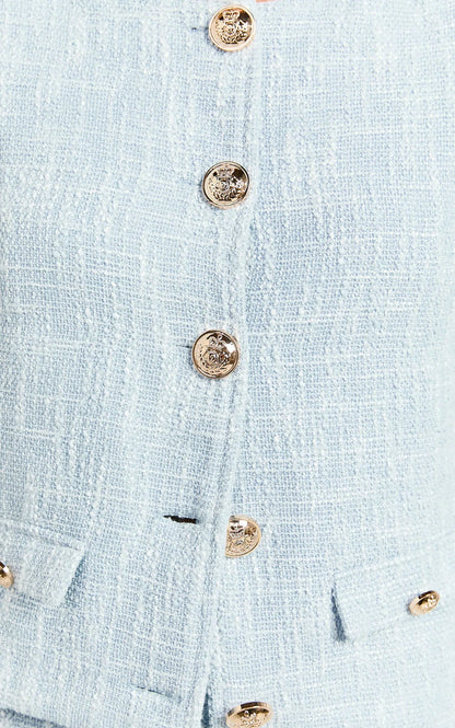 Olympia Jacket - Boucle Scoop Neck Button Down Long Sleeve Jacket in Pale Blue