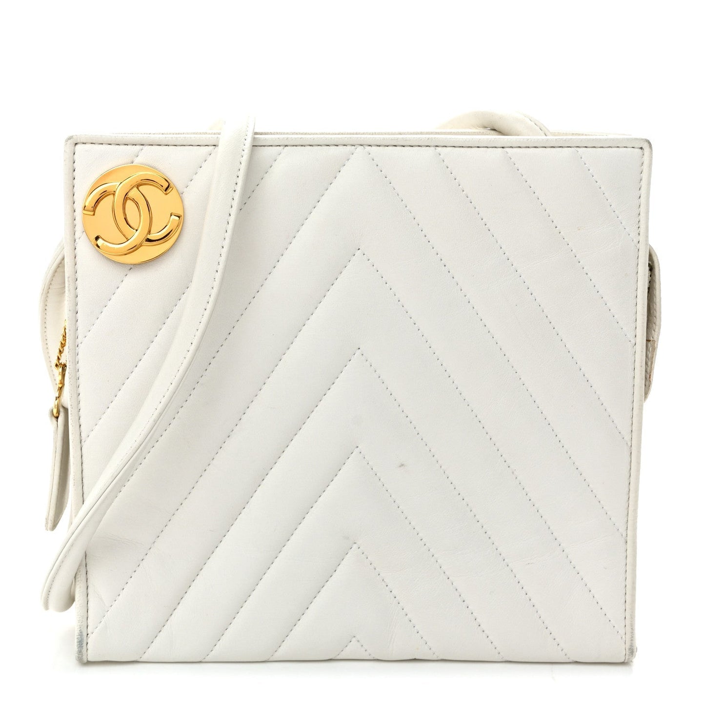 Lambskin Chevron Quilted CC Shoulder Bag White