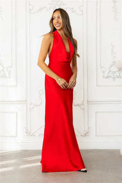 Nightfall Noir Halter Satin Maxi Dress