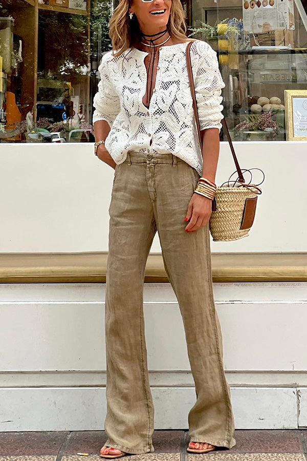 Blusa de manga larga con cuello redondo y encaje de crochet bohemio