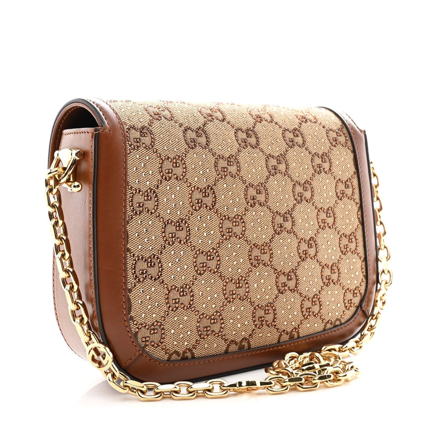 New Canvas Charisma Calfskin Crystal GG Monogram Mini Horsebit 1955 Shoulder Bag Camel Ebony