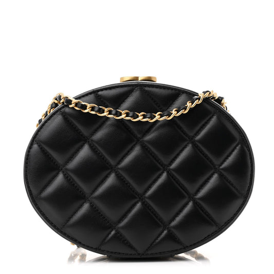 Lambskin Round Clutch With Chain Black