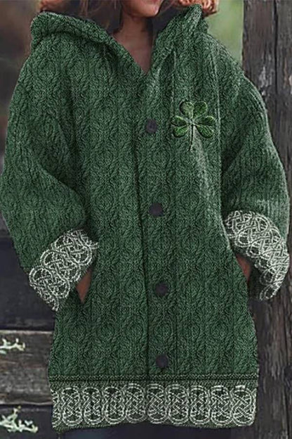 Suéter con capucha de jacquard con nudo celta irlandés para mujer
