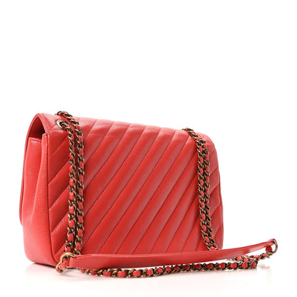 Shiny Goatskin Diagonal Quilted Small Flap Red
