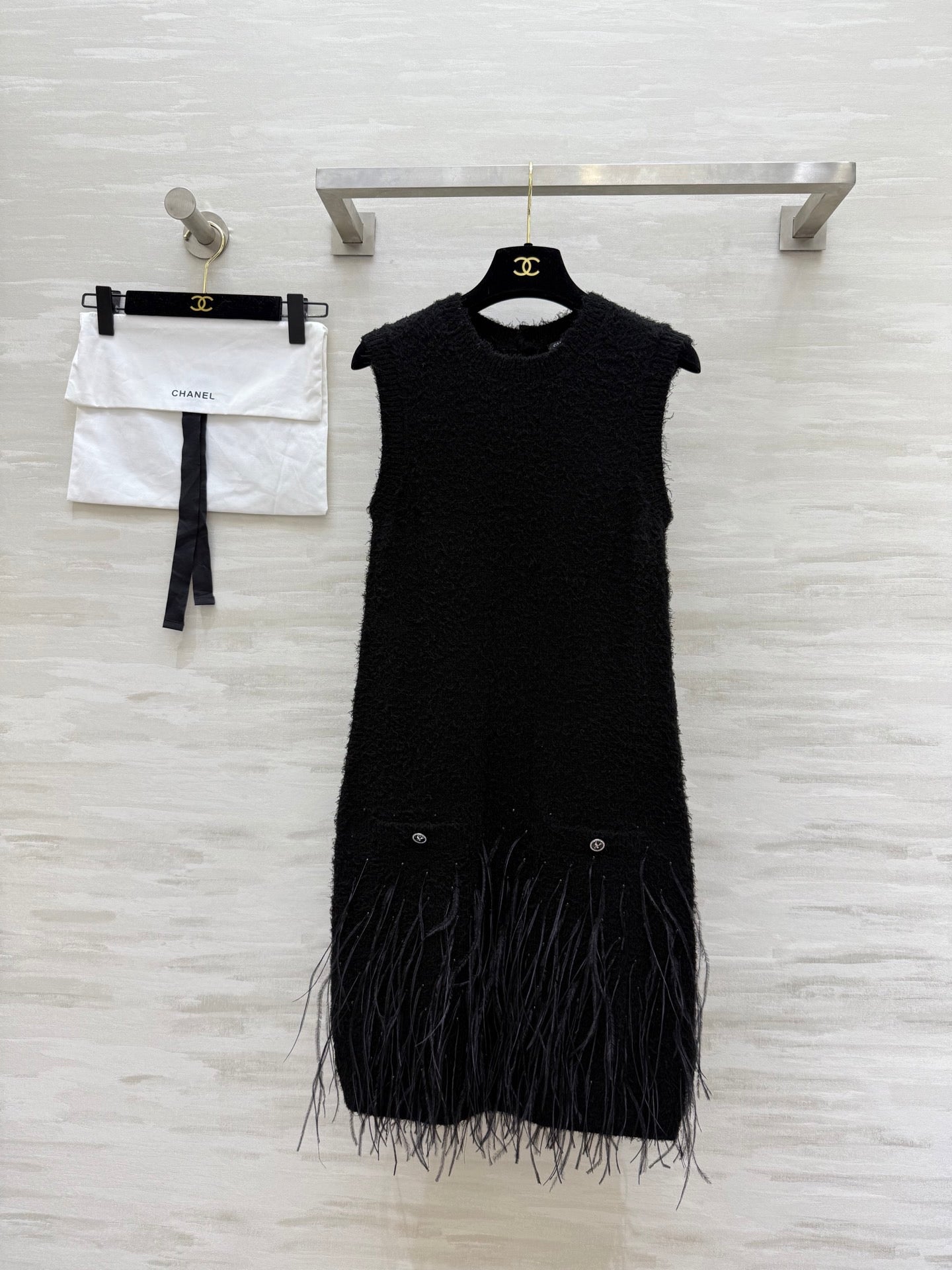 CC Ostrich Feather Rhinestone Vest Dress Black Mulberry Silk Yarn 346472