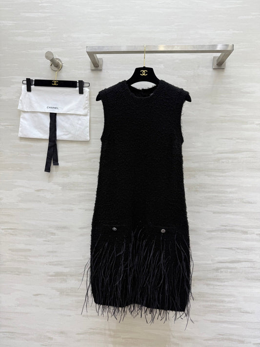 CC Ostrich Feather Rhinestone Vest Dress Black Mulberry Silk Yarn 346472