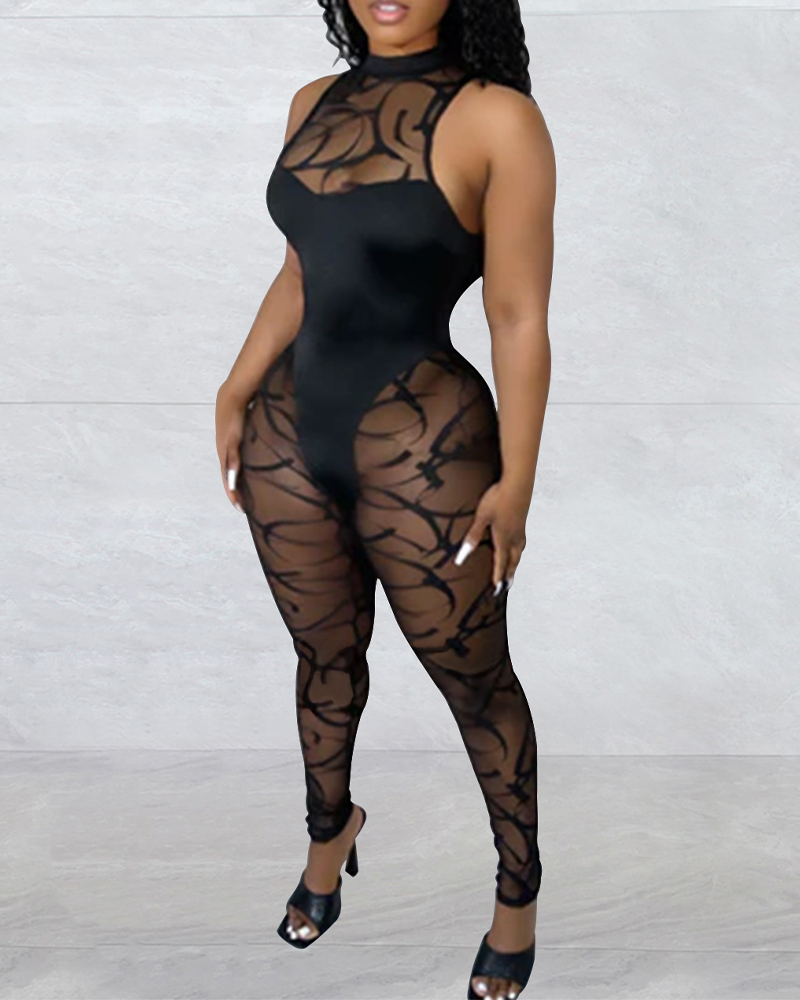 Solid Color Mesh Jumpsuit