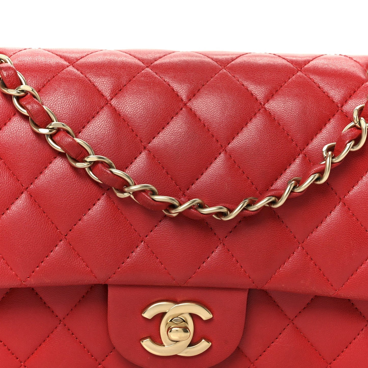 Lambskin Quilted Medium Double Flap Red