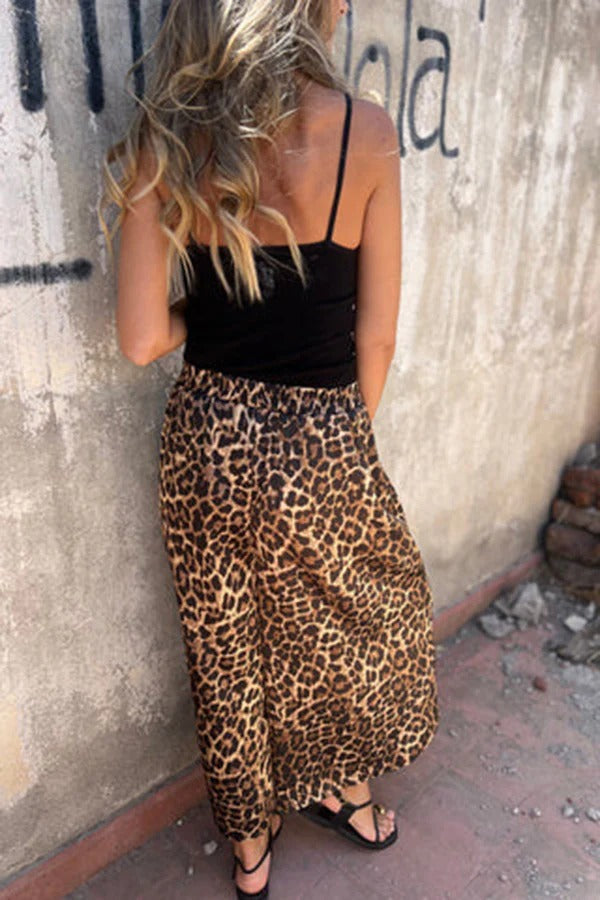 Pantalones anchos con bolsillo y cintura elástica con estampado de leopardo