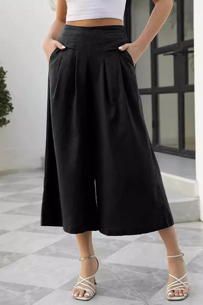 Faldas, tacto algodón, cintura elástica, pierna ancha, pantalones de nueve puntos, ropa de trabajo con bolsillos, pantalones casuales, sueltos