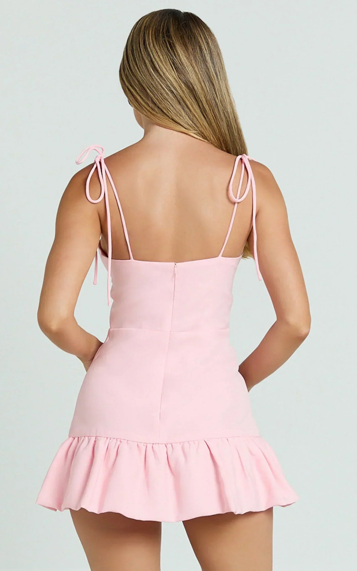 Morgana Playsuit - Tie Shoulder Ruffle Hem Playsuit in Peach