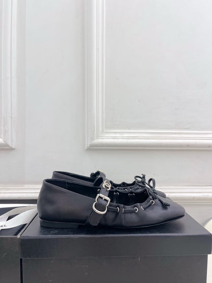 CC 26 SS Ruffled Bow Mary Jane Flats Black Calfskin 586928