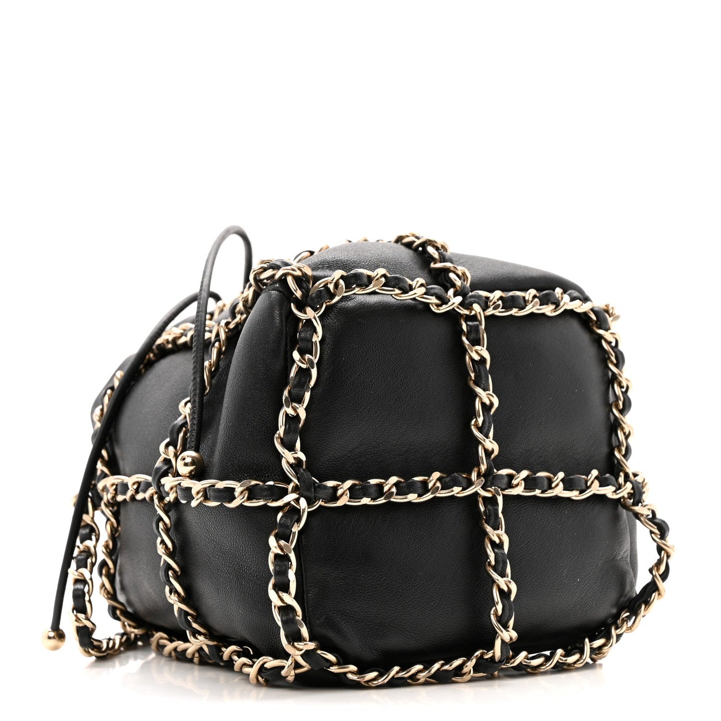 Lambskin Bucket Chain Drawstring Bag Black