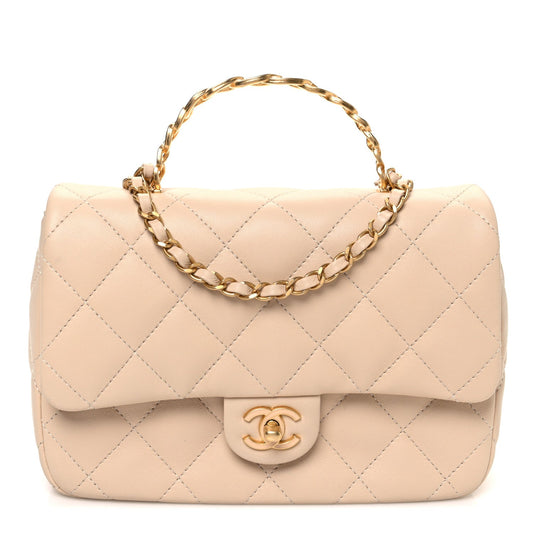 Lambskin Quilted Metal Enamel Chain Top Handle Square Flap Beige