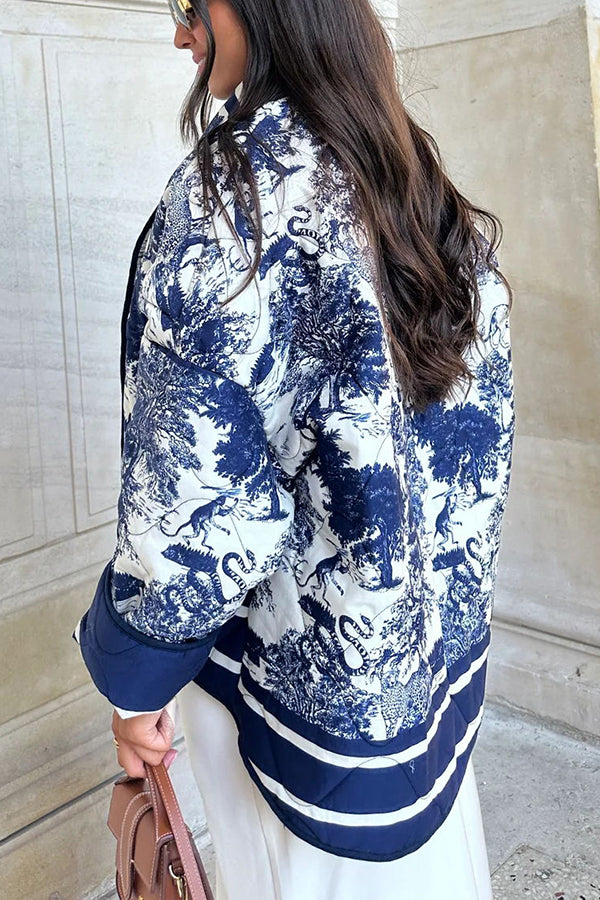 Chaqueta tipo kimono de algodón acolchado con bolsillo y estampado de tinta de porcelana con canciones románticas 