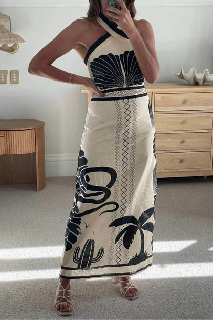 Vestido largo ajustado con cuello halter y estampado étnico, elegante y sexy