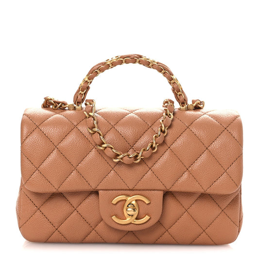 Caviar Quilted Mini Handy CC Flap Camel