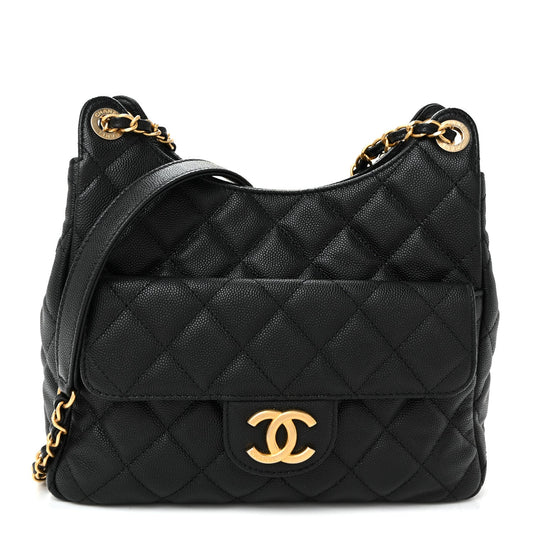 Caviar Quilted Wavy CC Hobo Black