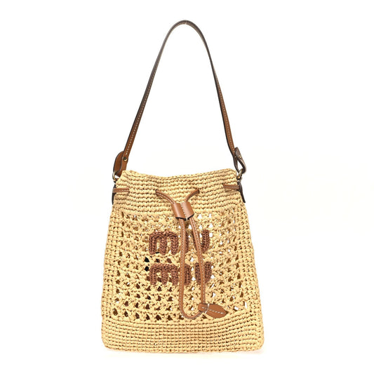 Raffia Crochet Drawstring Pouch Naturale Cognac