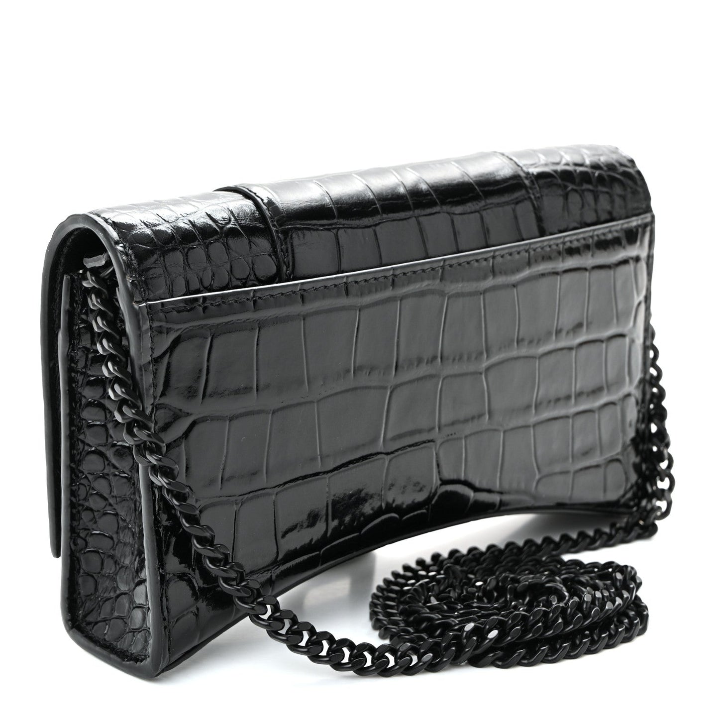 Shiny Calfskin Monochrome Crocodile Embossed Hourglass Chain Bag Black
