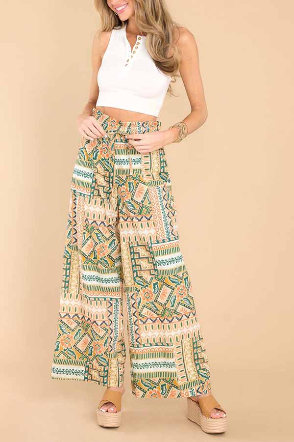 Pantalones rectos de pierna ancha y cintura alta con cordón ajustable
