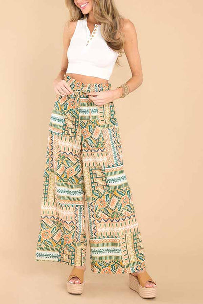 Pantalones rectos de pierna ancha y cintura alta con cordón ajustable