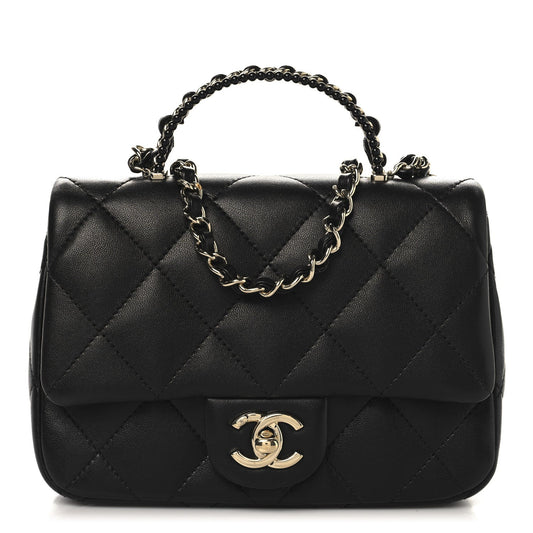 Lambskin Quilted Resin Pearl Chain Top Handle Flap Black