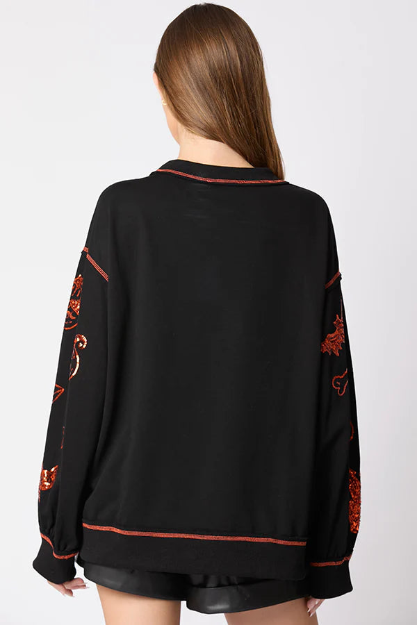 Sudadera informal holgada con lentejuelas y grafiti de Halloween 