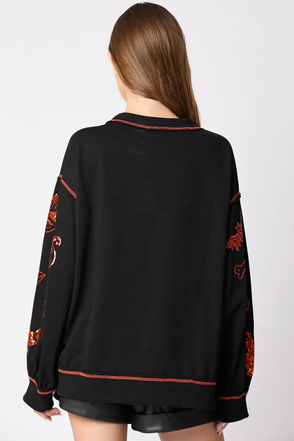 Sudadera informal holgada con lentejuelas y grafiti de Halloween 