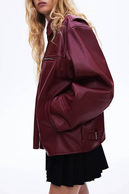 Chaqueta de cuero con solapa, manga larga, bolsillo y cremallera