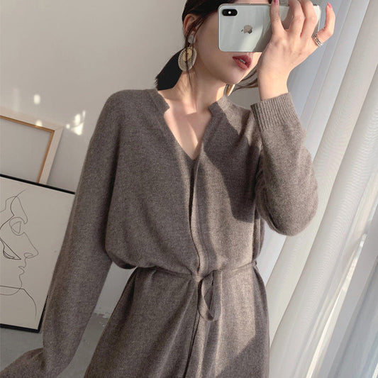 Vestido Otoño Invierno Sencillo Temperamental Adelgazante Color Sólido Largo Medio Sobre la Rodilla Cintura con Cordón Vestido de Punto para Mujer
