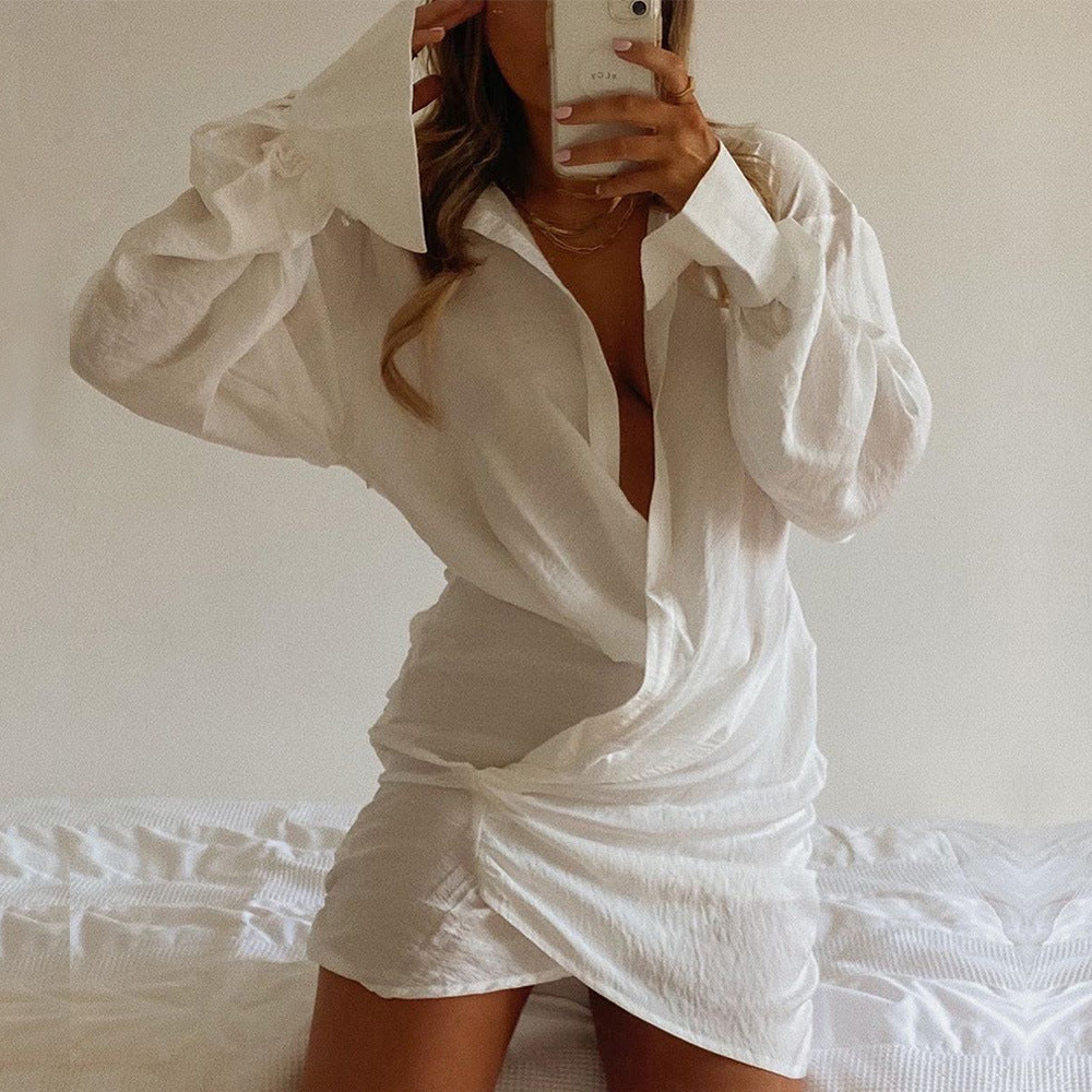 Camisa blanca de manga larga sexy con escote en V profundo y escote pronunciado para mujer, vestido de lino popular.