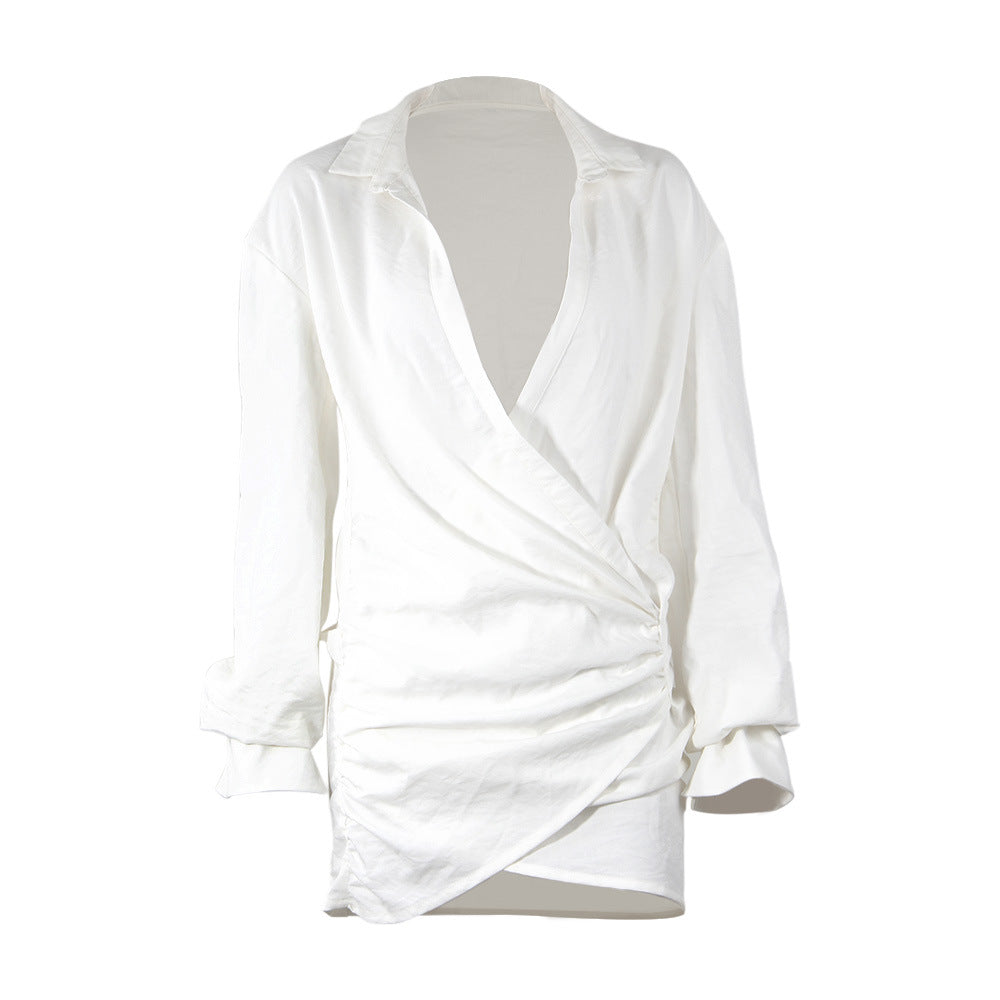 Camisa blanca de manga larga sexy con escote en V profundo y escote pronunciado para mujer, vestido de lino popular.