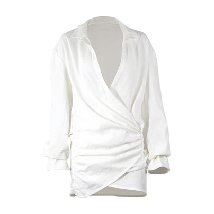 Camisa blanca de manga larga sexy con escote en V profundo y escote pronunciado para mujer, vestido de lino popular.