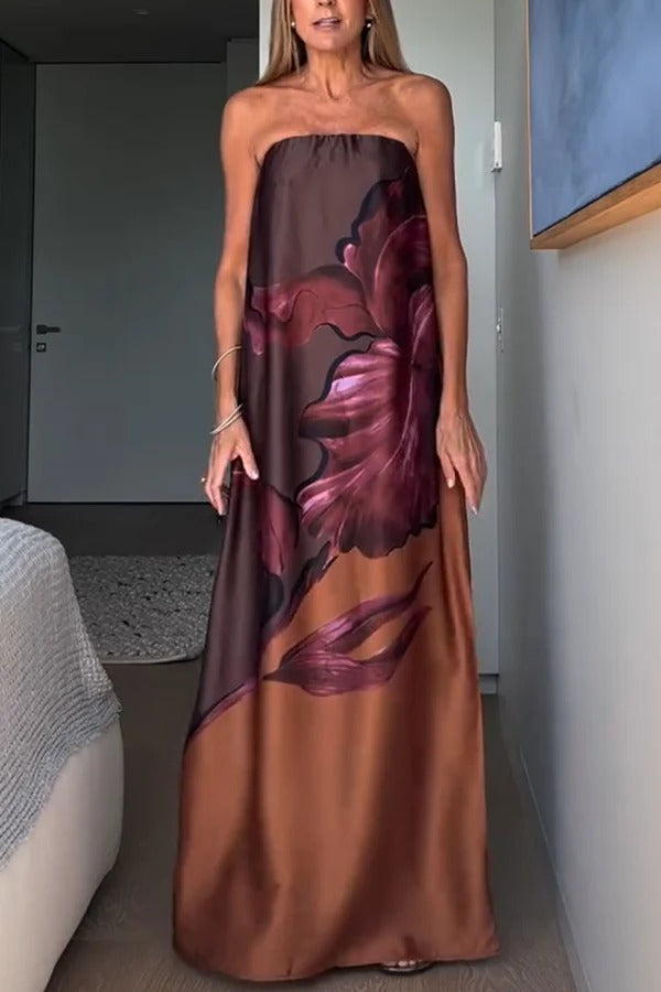 Vestido largo de satén con estampado floral, hombros descubiertos y abertura en forma de A. Inspiración para dibujar