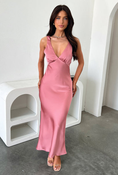 Delayne V-Neck Satin Midi Dress - Rose