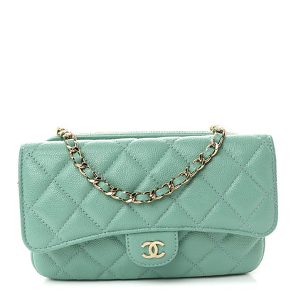 Caviar Quilted Flap Phone Holder With Chain Turquoise