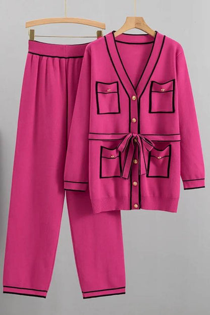 Elegante traje de suéter de dos piezas con contraste de colores