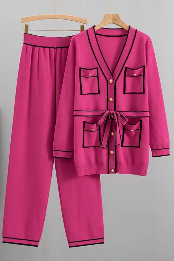 Elegante traje de suéter de dos piezas con contraste de colores