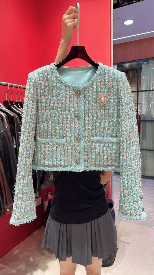 CC 25 Short Style Brooch Jacket Cloud Blue Cotton