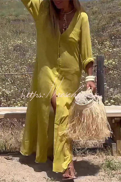 Happy Holidays Linen Blend Button Up Pocket Slit Shirt Maxi Dress