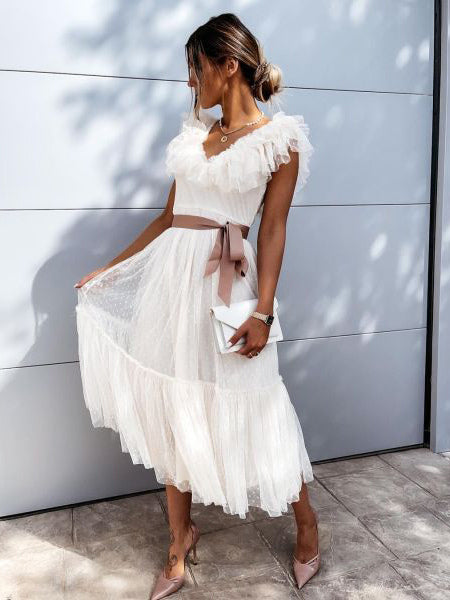Lace Dresses White V-Neck Sleeveless Asymmetrical Ruffles Lace Up Casual Maxi Dresses