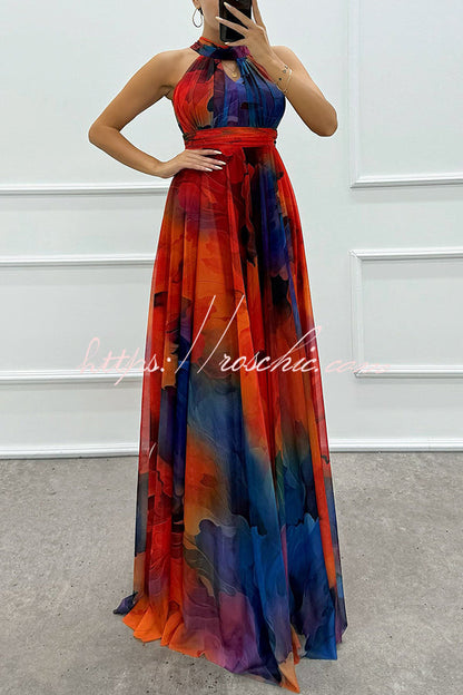Elaine Tulle Floral Splash Print Cutout Halter Tie-up Neck Gown Maxi Dress